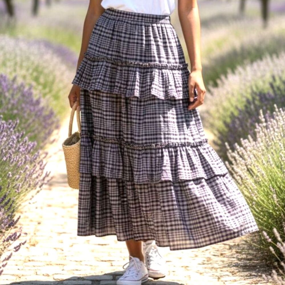 Current Air Plaid Tiered Midi Skirt Cottagecore Prairie Girl Boho Dark Academia